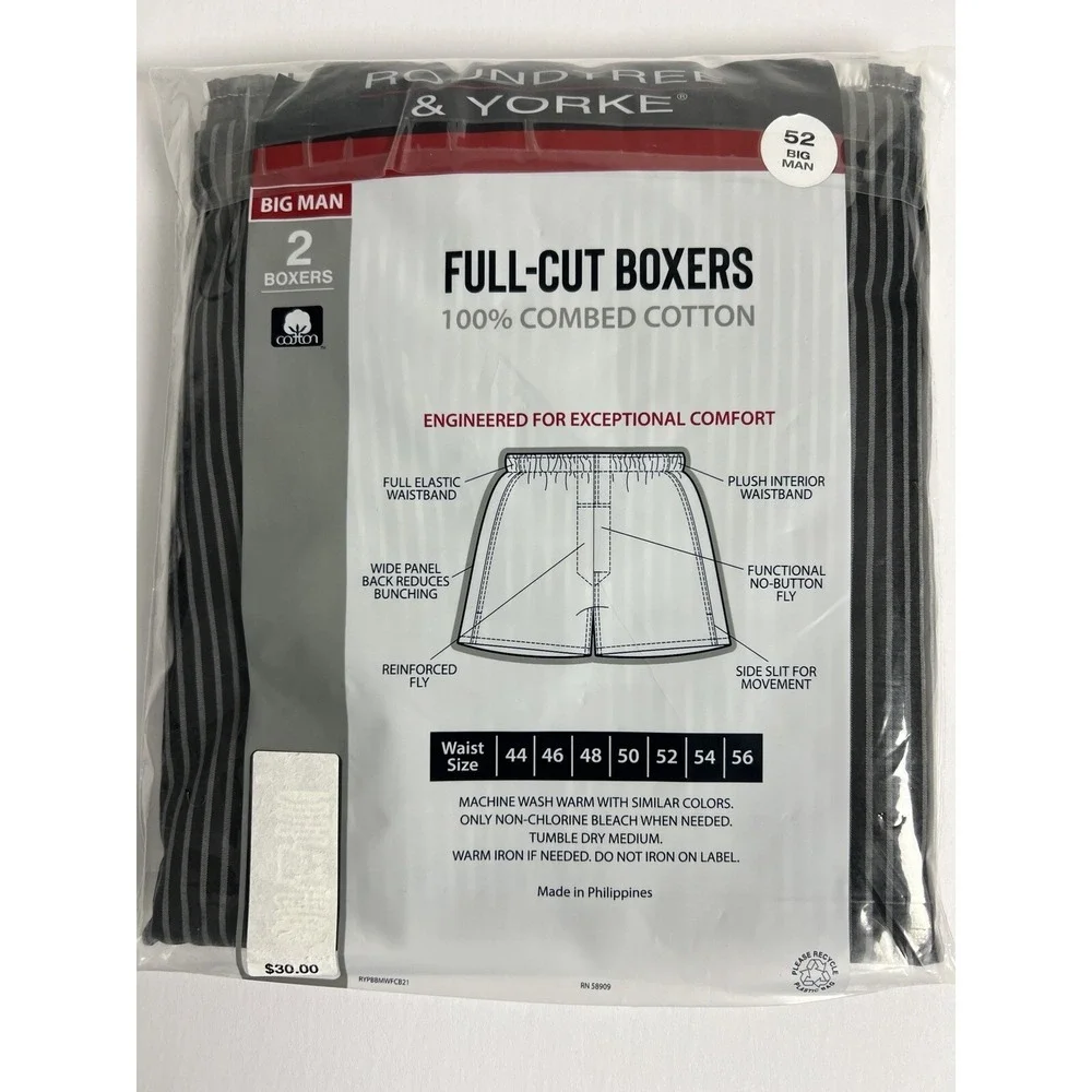 Roundtree & Yorke Mens Boxers Sz 54 Big Man 2 Pair Full-Cut Premium Underwear G5